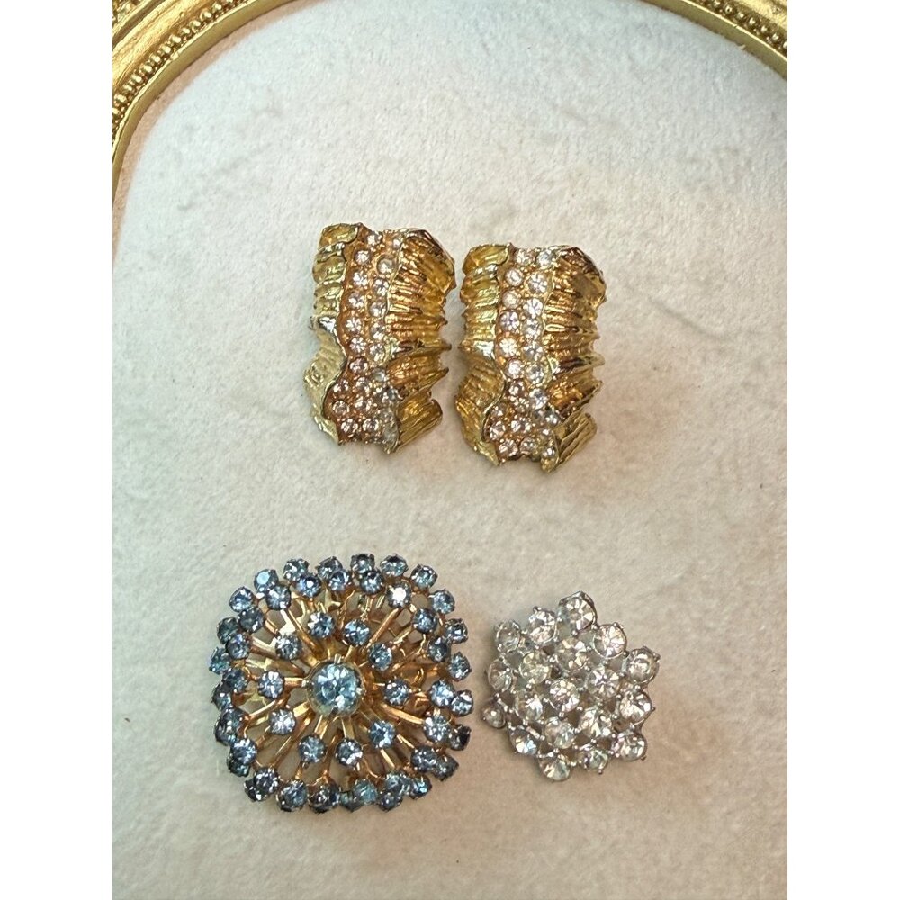 Vintage Gold-Tone Clip-On Earrings & Rhinestone Brooches Costume Jewelry Lot